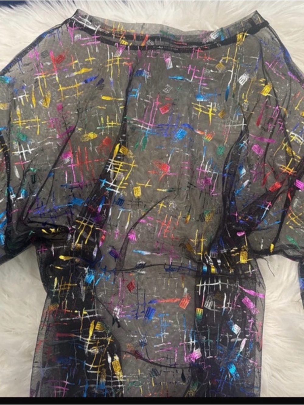 Sheer Black Multi-Color Embroidered Flutter Sleeve Top